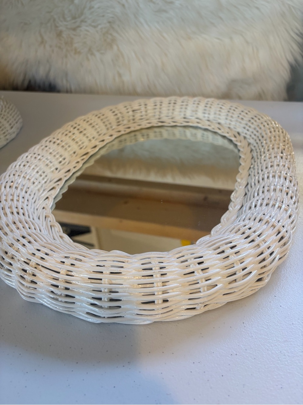 Vintage White Wicker Wall Mirror Oval Boho Cottagecore Farmhouse Decor Vanity - Picture 2 of 6
